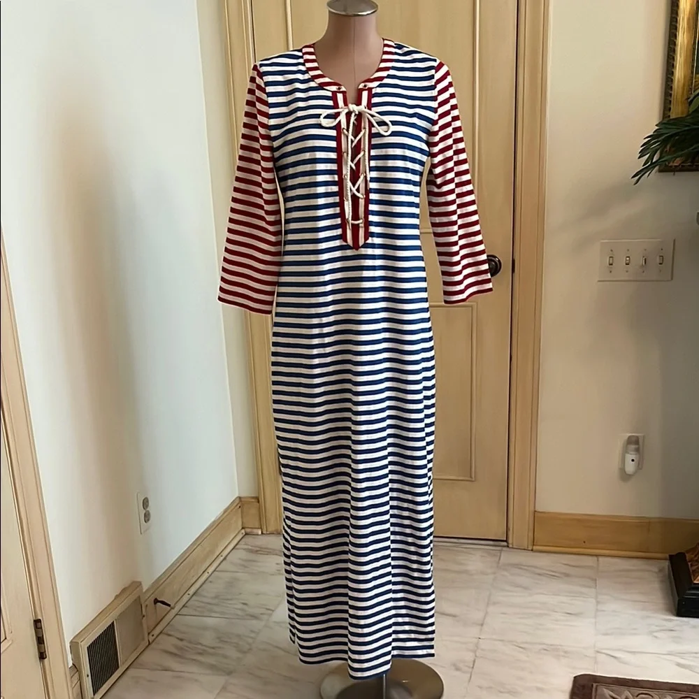 J. CREW Sammie Nautical Beach Baltic Stripe Lace Up 3/4 100% Cotton R/W/B Midi M